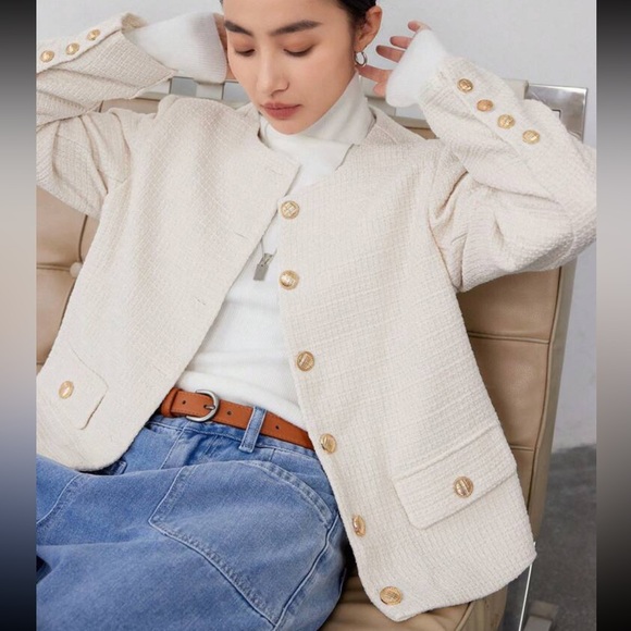 Cream Gold button front tweed jacket cardigan collarless blazer - Picture 4 of 4